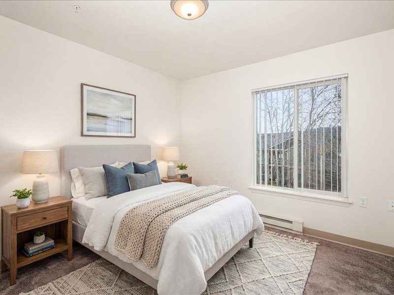 Staged primary bedroom, angle 1
